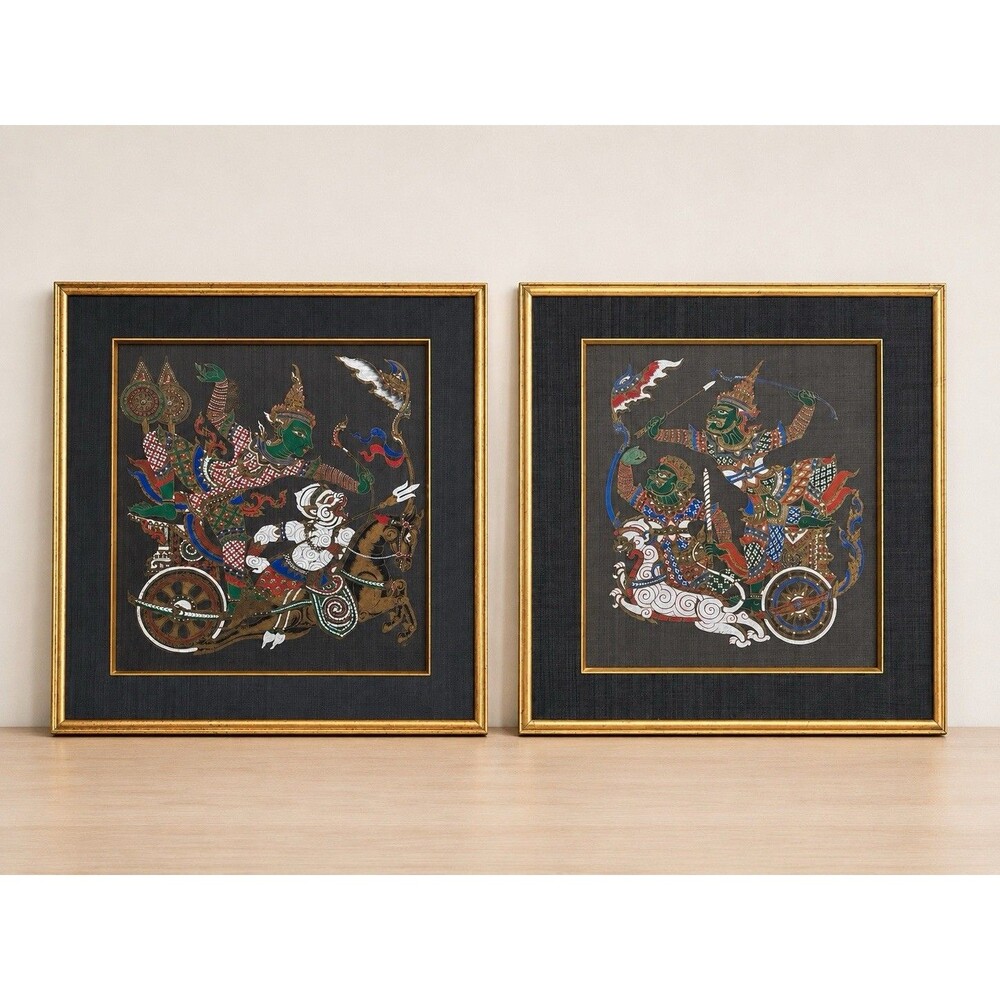 Vintage Thai Silk Ramakien Framed Textile Art Pair Monkey Warrior Chariot Asian